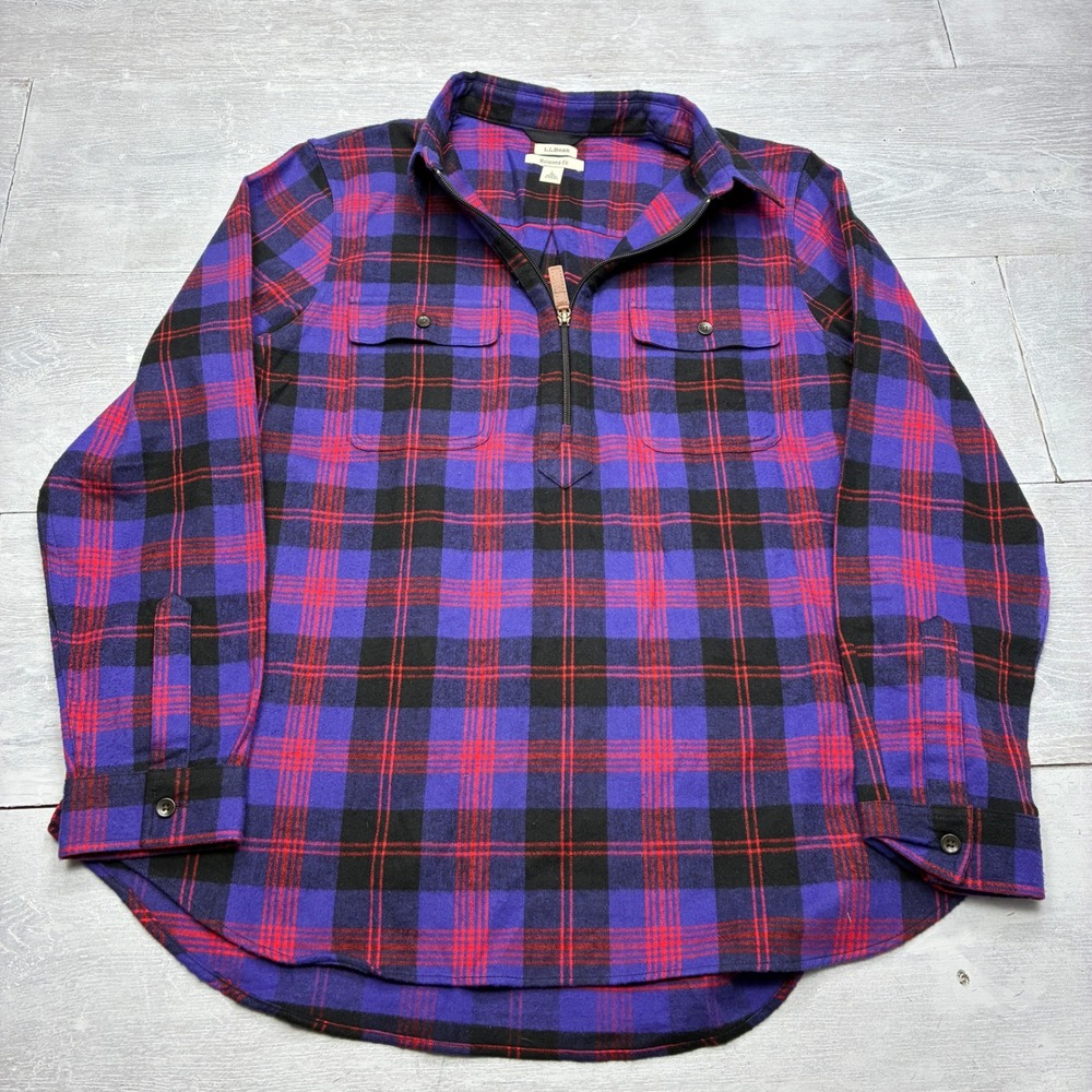 LL Bean Flannel Shirt Womens L Purple Red Plaid Relaxed Fit Quarter Zip Pullover